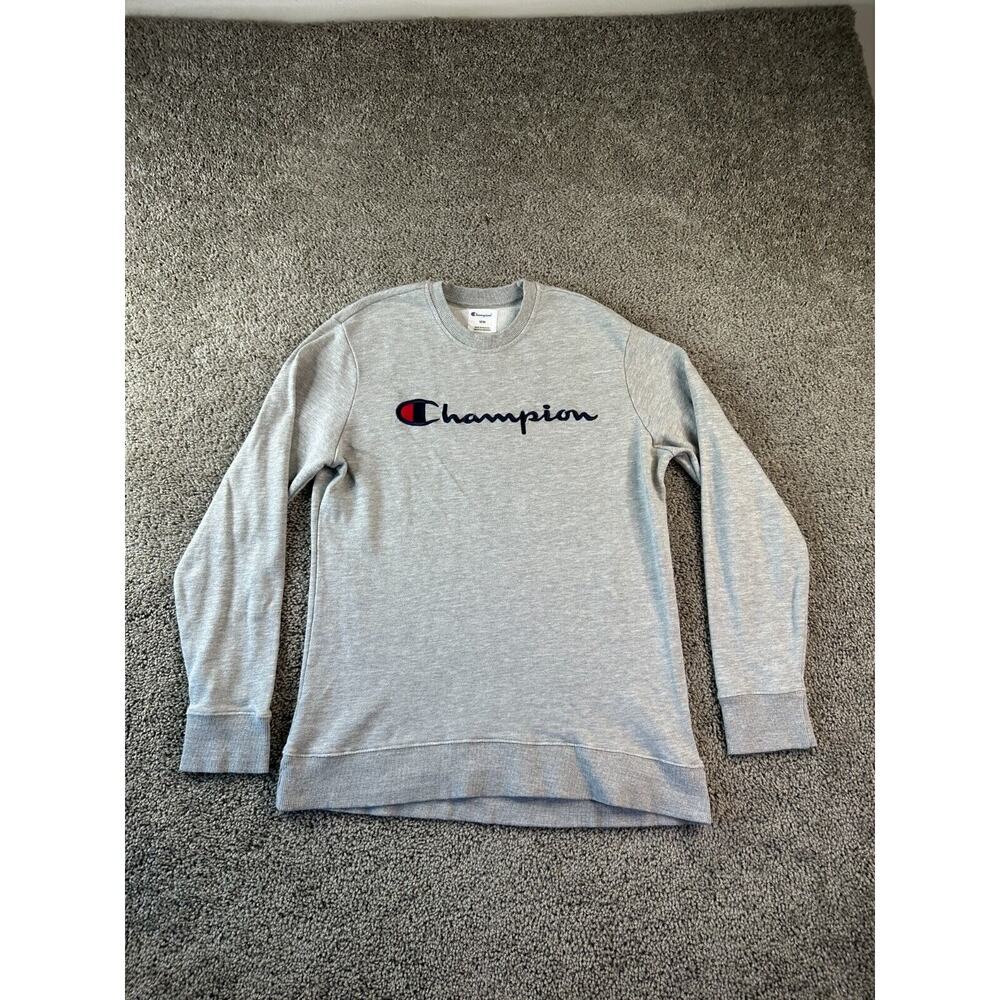 Champion Sweatshirt Mens Medium Oxford Gray Black Signature Logo Pullover *
